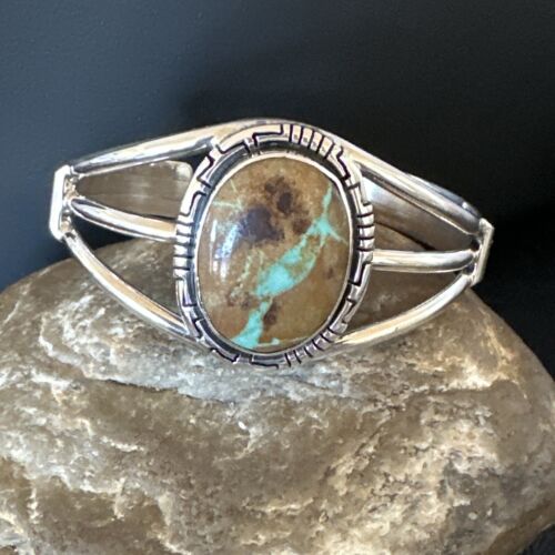 Navajo Green Boulder Turquoise Cuff Bracelet | Sterling Silver | Authentic Native American Handmade | 16244