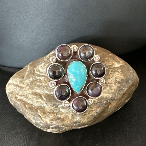Navajo Blue Kingman Turquoise and Sugilite Cluster Ring | Authentic Native American Sterling Silver | Multi-Stone | Sz 9.5 | 16771