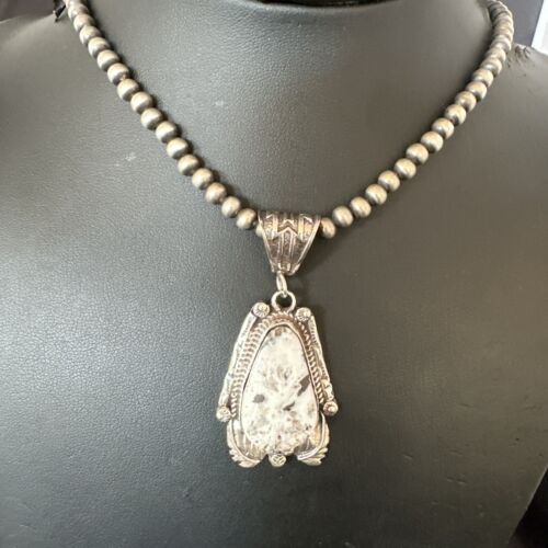 Navajo White Buffalo Turquoise Pendant Necklace | Sterling Silver | Authentic Native American Handmade | 17520