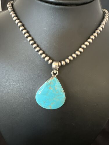 Navajo Blue Kingman Turquoise Pendant Necklace | Sterling Silver | 20" | Authentic Native American Handmade | 17001