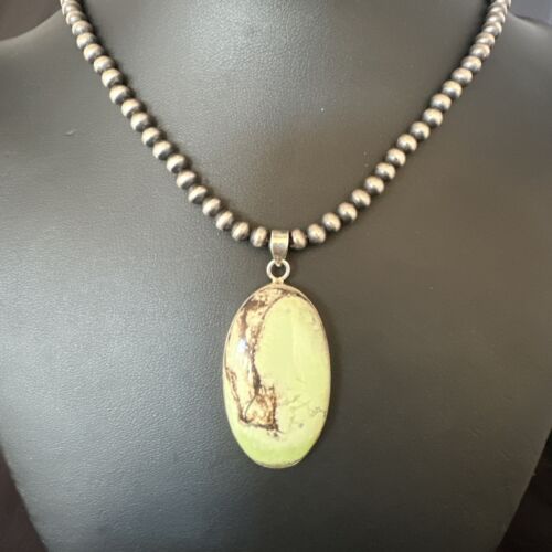 Navajo Green Gaspeite Pendant Necklace | Sterling Silver | Authentic Native American Handmade | 15483