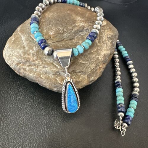 Navajo Opal Inlay Pendant with Turquoise & Lapis | Sterling Silver Necklace | Authentic Native American Handmade | 16848