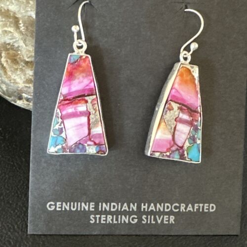 Navajo Blue Turquoise Purple Spiny Oyster Inlay Dangle Earrings | Sterling Silver | 15563