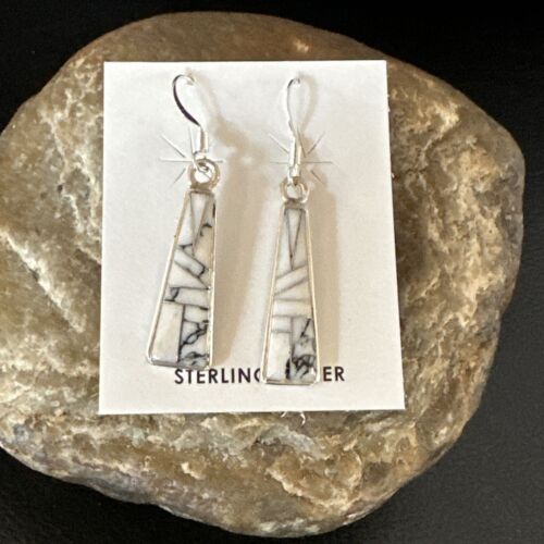 White Buffalo Turquoise Inlay Earrings | Navajo Sterling Silver | Authentic Native American Handmade | 15702