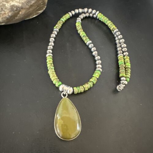 Navajo Green Turquoise Pendant with Pearls | Sterling Silver Necklace | Authentic Native American Handmade | 16917