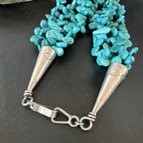 Navajo Teardrop Blue Turquoise Necklace | Sterling Silver Pearls | 19" 3 Strand | Authentic Native American Handmade | 17254