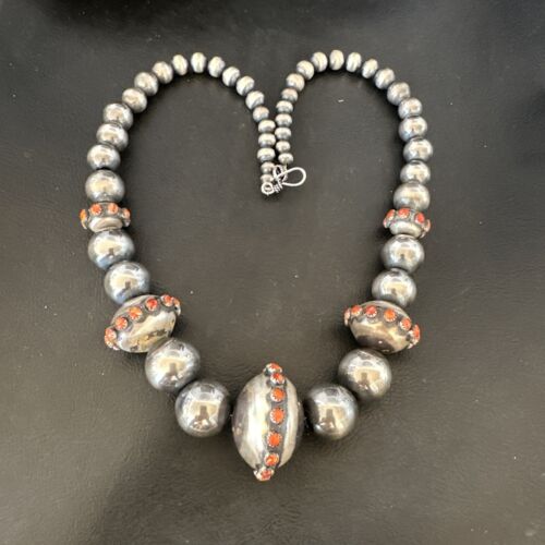 Navajo Orange Spiny Oyster Graduated Necklace | Sterling Silver | 21" Single Strand| Authentic Native American Handmade | 16616