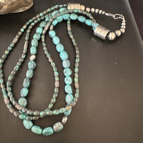 Navajo Spiderweb Turquoise Necklace | 3 Strands | Sterling Silver | 24" | Authentic Native American Handmade | 17403