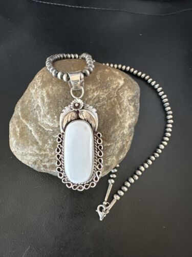 Navajo Pearls White Buffalo Turquoise Necklace Pendant | Sterling Silver | Authentic Native American Handmade | 15707