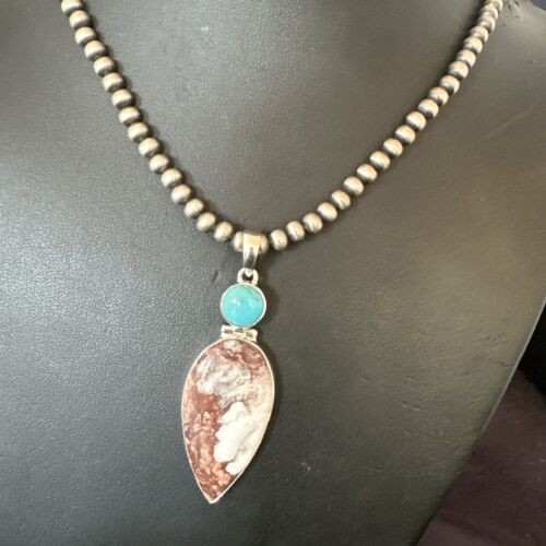 Navajo Wild Horse Blue Kingman Turquoise Necklace | Sterling Silver | Authentic Native American Handmade | 17314