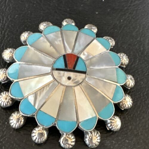 Sunface Zuni Inlay Turquoise Mother of Pearl Pin Pendant | Sterling Silver | Authentic Native American Handmade | 15176