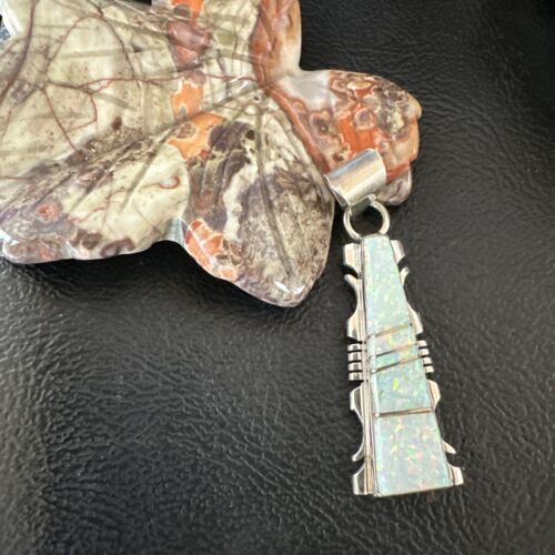 Navajo White Opal Inlay Pendant | Sterling Silver | Authentic Native American Handmade | 15678