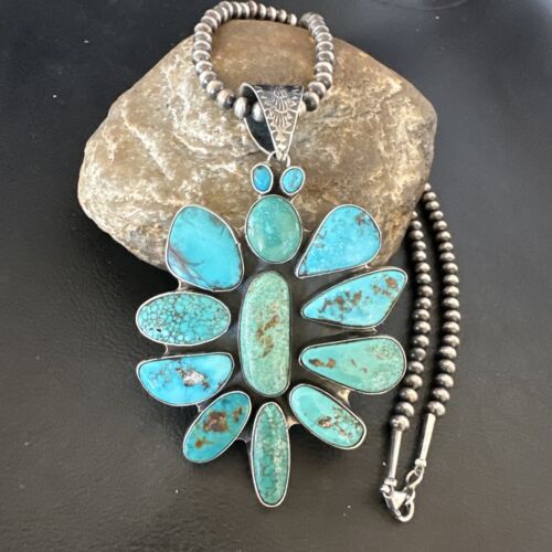 Navajo Blue Kingman Turquoise Cluster Pendant Necklace Sterling