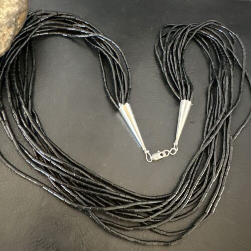 Black Onyx Heishi Tube Necklace | 10 Strand | 24" | Sterling Silver | 16067