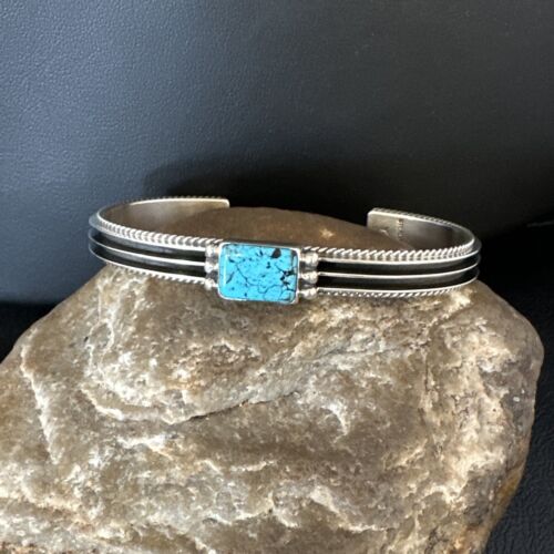 Navajo Blue Turquoise Cuff Bracelet | Sterling Silver | Authentic Native American Handmade | 15161