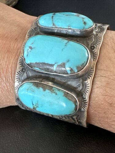 XL Men's Kingman Blue Turquoise 3 Stone Cuff Bracelet | Navajo Sterling Silver | 15857
