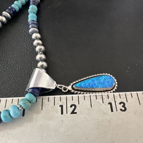 Navajo Opal Inlay Pendant with Turquoise & Lapis | Sterling Silver Necklace | Authentic Native American Handmade | 16848