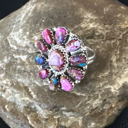 Navajo Purple Spiny Oyster Cluster Ring | Authentic Native American Sterling Silver | Multi-Stone | Sz 8 | 15053
