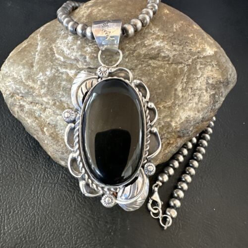 Navajo Pearls Black Onyx Necklace Pendant | Sterling Silver | Authentic Native American Handmade | 16531