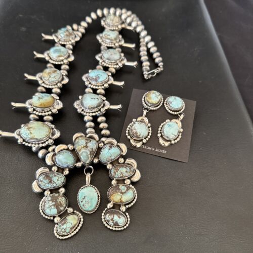Navajo Blue Golden Hills Turquoise Squash Blossom Necklace & Earrings | Sterling Silver | 17211