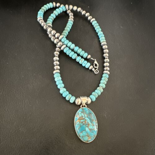 Navajo Blue Mojave Turquoise Pendant | Sterling Silver Pearl Necklace | Authentic Native American Handmade | 17079