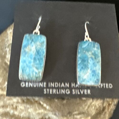 Navajo Blue Turquoise Dangle Earrings | Sterling Silver | Authentic Native American Handmade | 15431