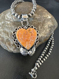 Navajo Orange Spiny Oyster Heart Pendant Necklace | Sterling Silver | Authentic Native American Handmade | 16417