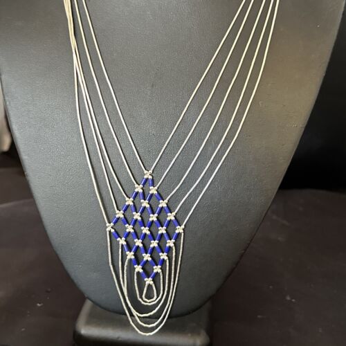 Crisscross Blue Lapis Heishi Necklace | 5 Strand Liquid Sterling Silver | 22" | 15882