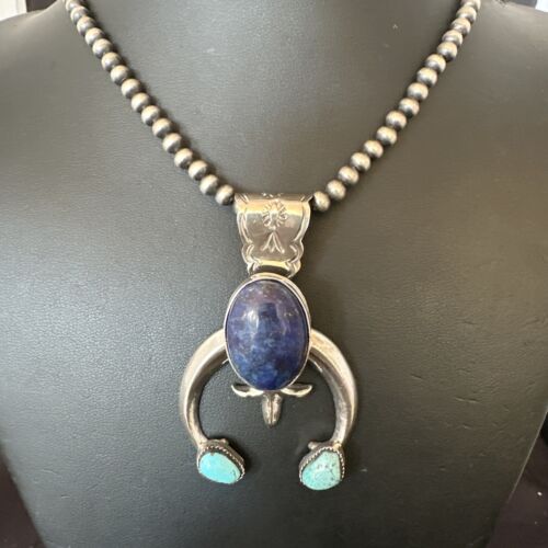 Blue Turquoise Lapis Lazuli Naja Pendant | Navajo Sterling Silver | Authentic Native American Handmade | 16412