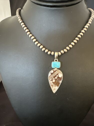 Navajo Wild Horse | Blue Kingman Turquoise Necklace | Sterling Silver | Authentic Native American Handmade | 17310