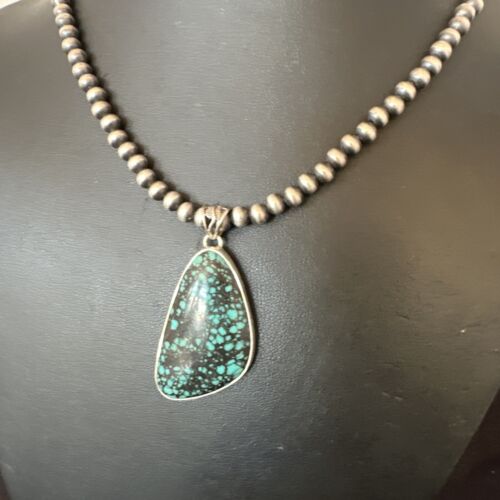 Men's Navajo Blue Spiderweb Turquoise Pendant Necklace | Sterling Silver | Authentic Native American Handmade | 16227