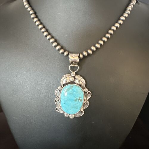 Navajo Kingman Turquoise Pendant Necklace | Sterling Silver Pearls | Authentic Native American Handmade | 15214