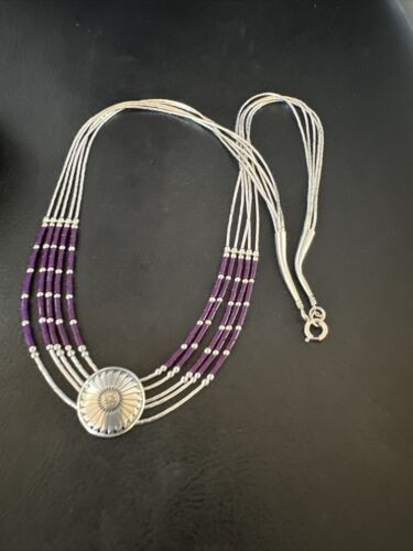 Navajo Purple Sugilite Heishi Concha Necklace | 5 Strand Liquid Sterling Silver | 20" | 15877