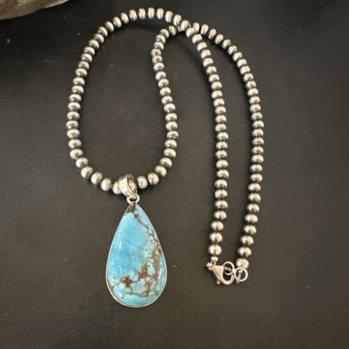 Navajo Blue Spiderweb Turquoise Pendant Necklace | Sterling Silver | Authentic Native American Handmade | 17029