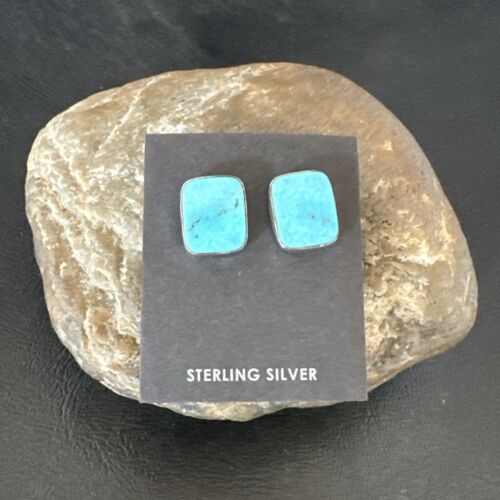 Navajo Blue Kingman Turquoise Post Stud Earrings | Sterling Silver | Authentic Native American Handmade | 17469
