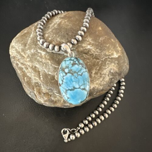 Navajo Blue Spiderweb Turquoise Pendant Necklace | Sterling Silver | Authentic Native American Handmade | 17027