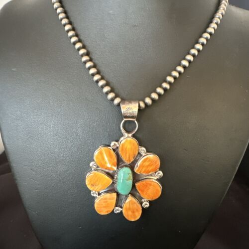 Navajo Blue Turquoise | Spiny Oyster Pendant Necklace | Sterling Silver | Multi-Stone | 16860