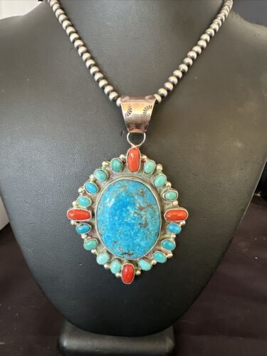 Navajo Red Spiny oyster | Blue Turquoise Pendant Necklace | Sterling Silver | Multi-Stone | 17148