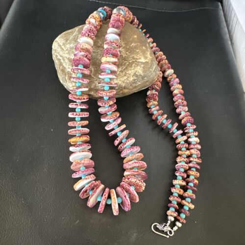 Authentic Native American Navajo Necklace | Purple Spiny Oyster & Turquoise | Sterling Silver | 34" | 15091