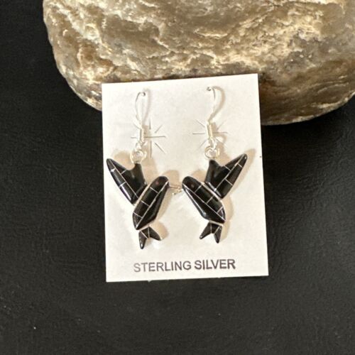Navajo Black Onyx Hummingbird Earrings | Sterling Silver | 1" | Authentic Native American Handmade | 15090