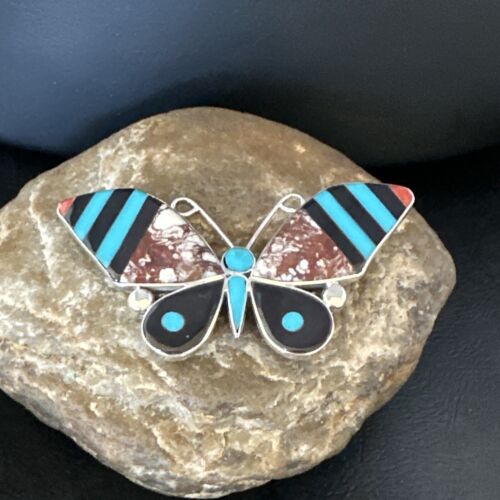 Zuni Butterfly Wild Horse Turquoise Onyx Inlay Pin Pendant | Sterling Silver | Authentic Native American Handmade | 15152