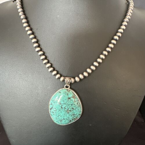 Men's Navajo Blue Spiderweb Turquoise Pendant Necklace | Sterling Silver | Authentic Native American Handmade | 16216