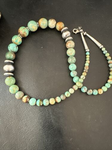 Navajo Green Turquoise Bead Necklace | Sterling Silver | Graduated | 20" | Authentic Native American | 17433
