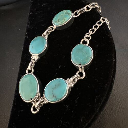 Navajo Blue Turquoise Link Bracelet | Sterling Silver | 8" | Authentic Native American Handmade | 15470