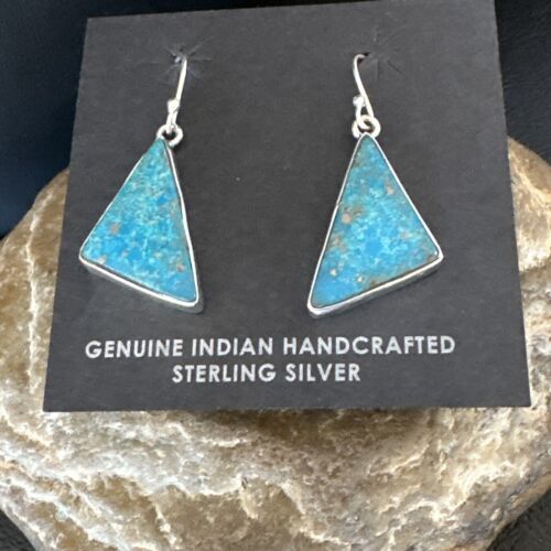 Navajo Blue Turquoise Dangle Earrings | Sterling Silver | 1" | Authentic Native American Handmade | 15801