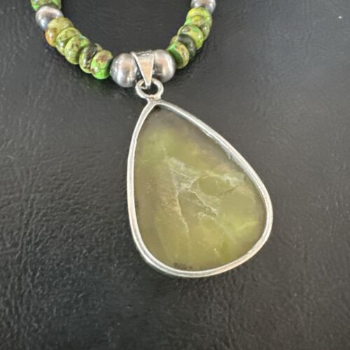 Navajo Green Turquoise Pendant Necklace | Sterling Silver | Authentic Native American Handmade | 16916