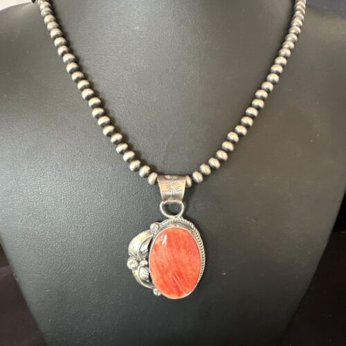 Navajo Red Spiny Oyster Pendant Necklace | Sterling Silver | Authentic Native American Handmade | 15633