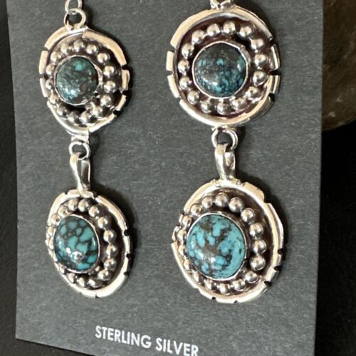 Navajo Blue Spiderweb Turquoise Dangle Earrings | Sterling Silver | Authentic Native American Handmade | 16010 - Masha USA