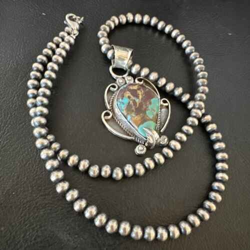 Navajo Blue Turquoise Pendant Necklace | Sterling Silver Pearls | Authentic Native American Handmade | 15649