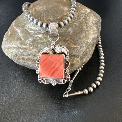 Navajo Red Spiny Oyster Pendant Necklace | Sterling Silver | Authentic Native American Handmade | 16143